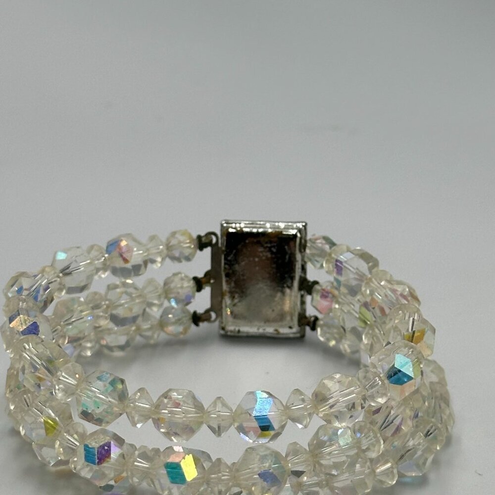 Vintage Aurora Borealis Glass Bracelet Multi Strand Clear Crystal Beads Art Deco - Picture 9 of 12